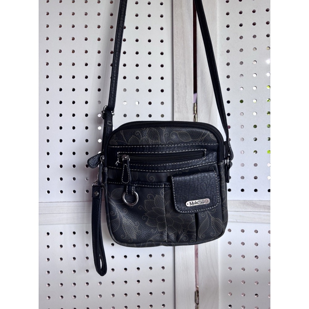 Multi Sac Crossbody Floral Black Faux Leather Purse Triple Compartment Zip Close